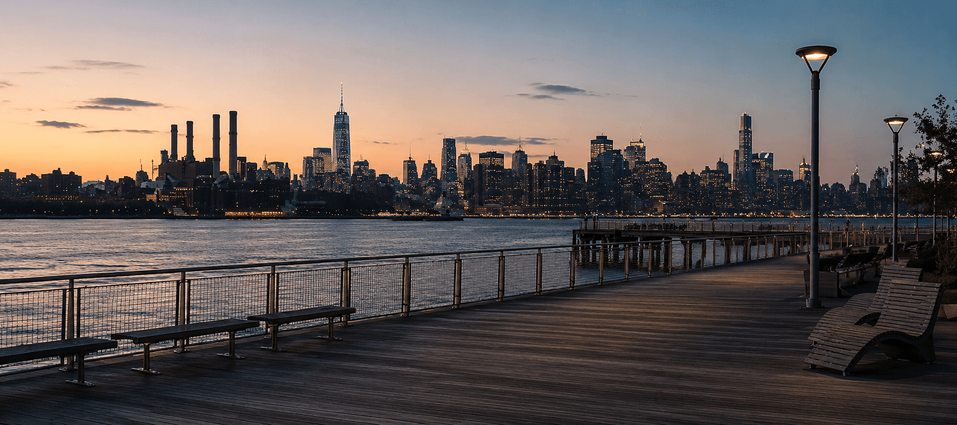 Manhattan skyline from a waterfront at sunset